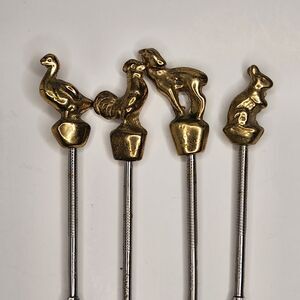 Vintage Rostfrei Skewers 3D Brass Animal Stainless Steel Whimsical Set 4